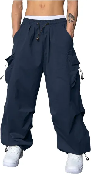 Mens Work Cargo Pant Wide Leg Casual Joggers Drawstring Waist Cargo Work Pants Multi Pockets