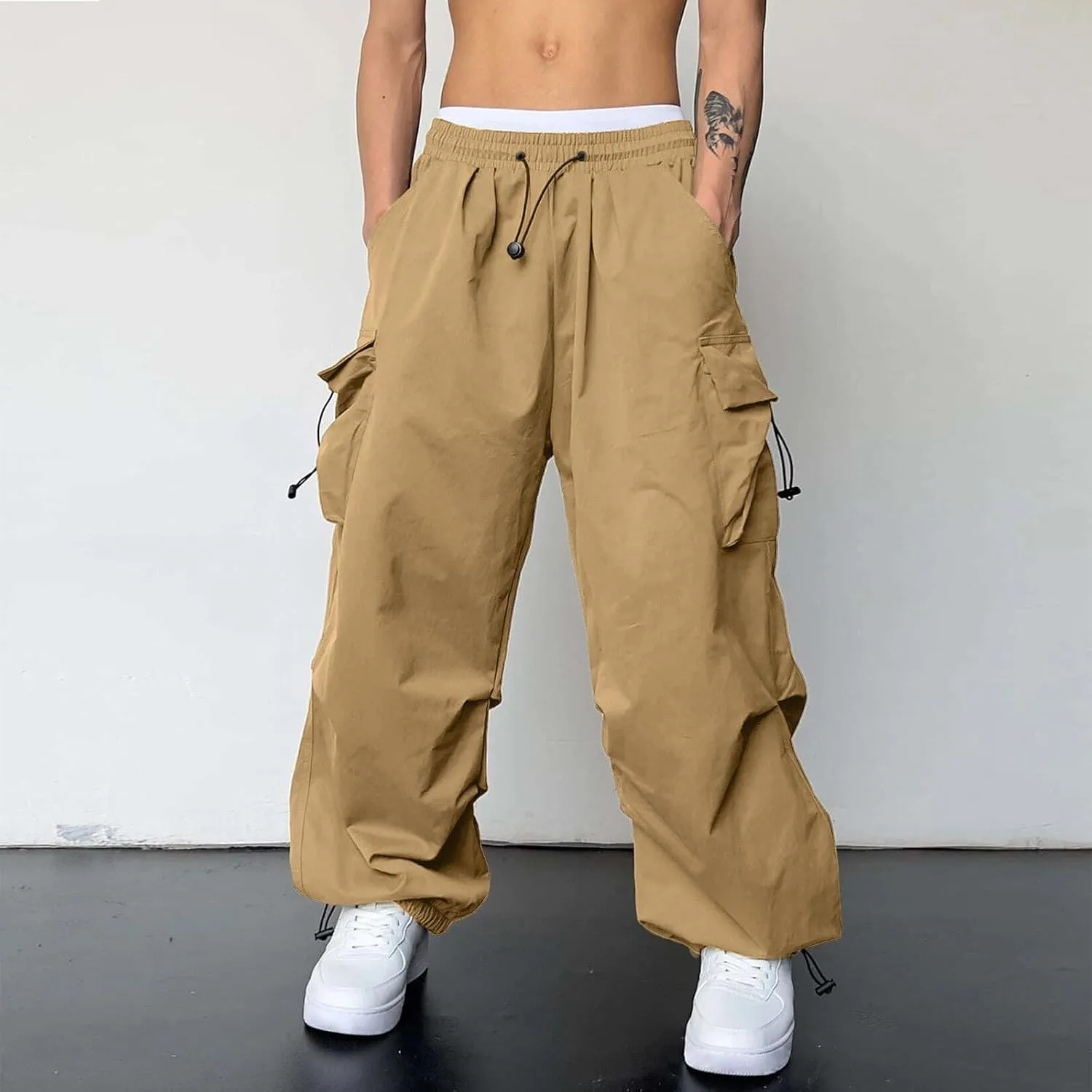 Mens Work Cargo Pant Wide Leg Casual Joggers Drawstring Waist Cargo Work Pants Multi Pockets