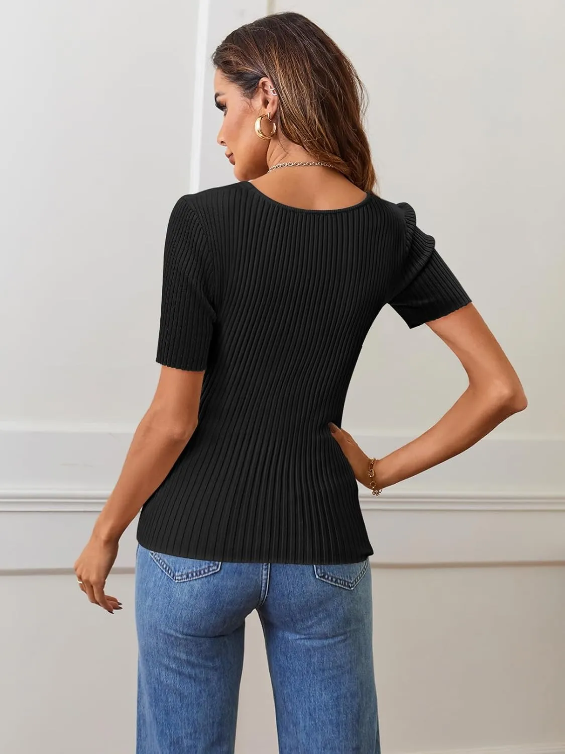 MEROKEETY Women's Summer Casual Short Sleeve T Shirts 2025 Basic Square Neck Ribbed Knit Fitted Tee Tops