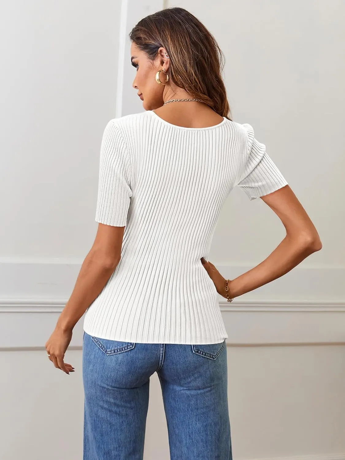 MEROKEETY Women's Summer Casual Short Sleeve T Shirts 2025 Basic Square Neck Ribbed Knit Fitted Tee Tops