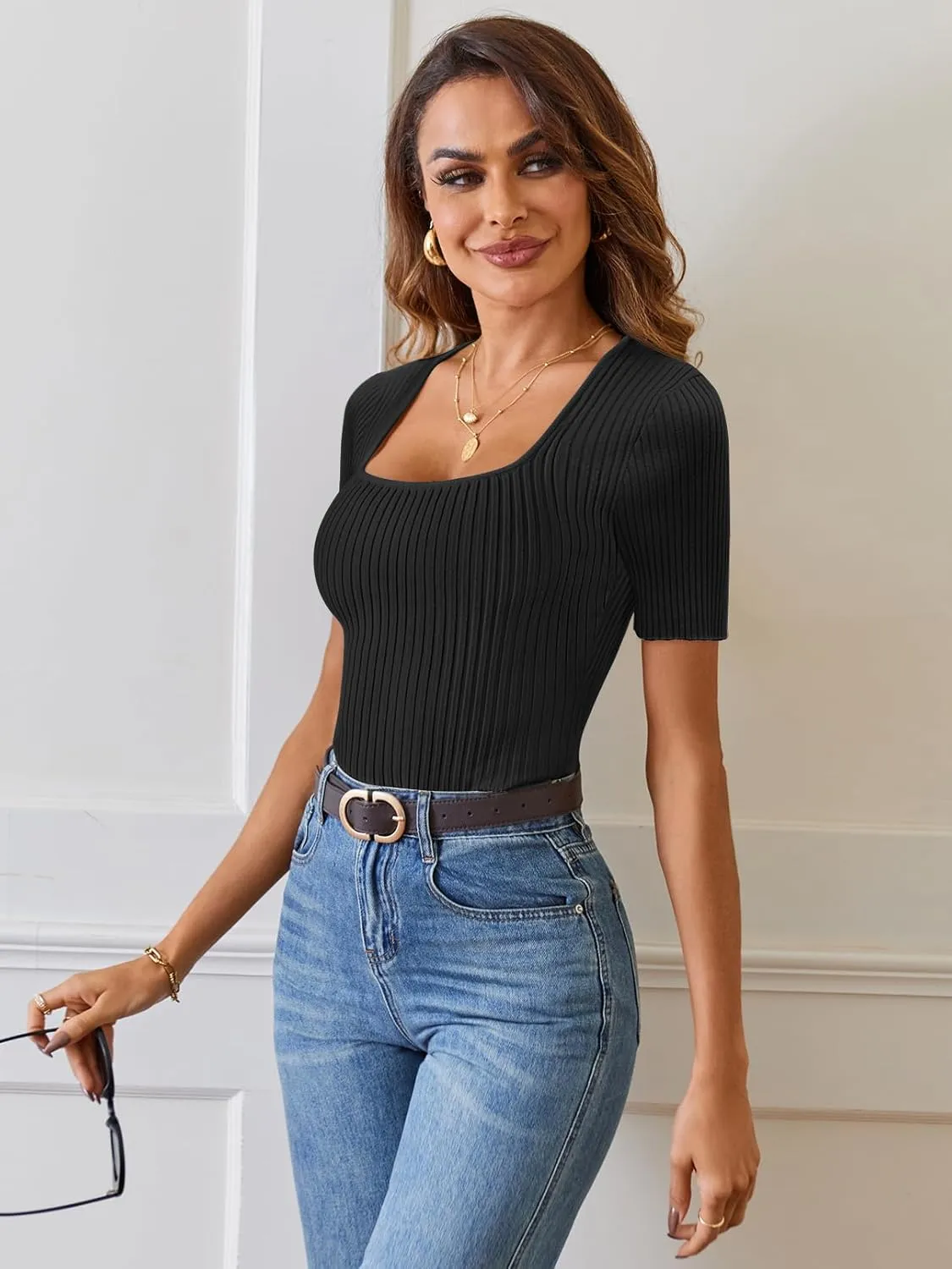 MEROKEETY Women's Summer Casual Short Sleeve T Shirts 2025 Basic Square Neck Ribbed Knit Fitted Tee Tops