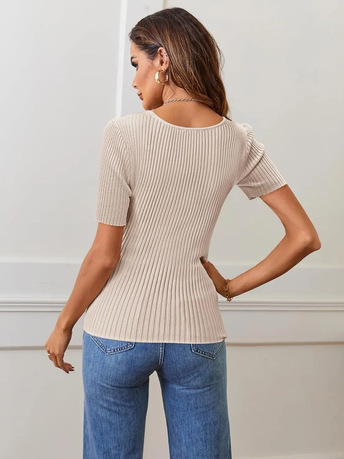 MEROKEETY Women's Summer Casual Short Sleeve T Shirts 2025 Basic Square Neck Ribbed Knit Fitted Tee Tops