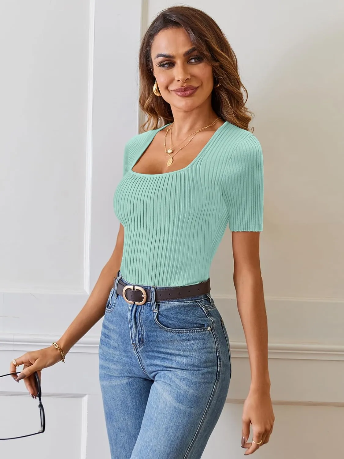 MEROKEETY Women's Summer Casual Short Sleeve T Shirts 2025 Basic Square Neck Ribbed Knit Fitted Tee Tops