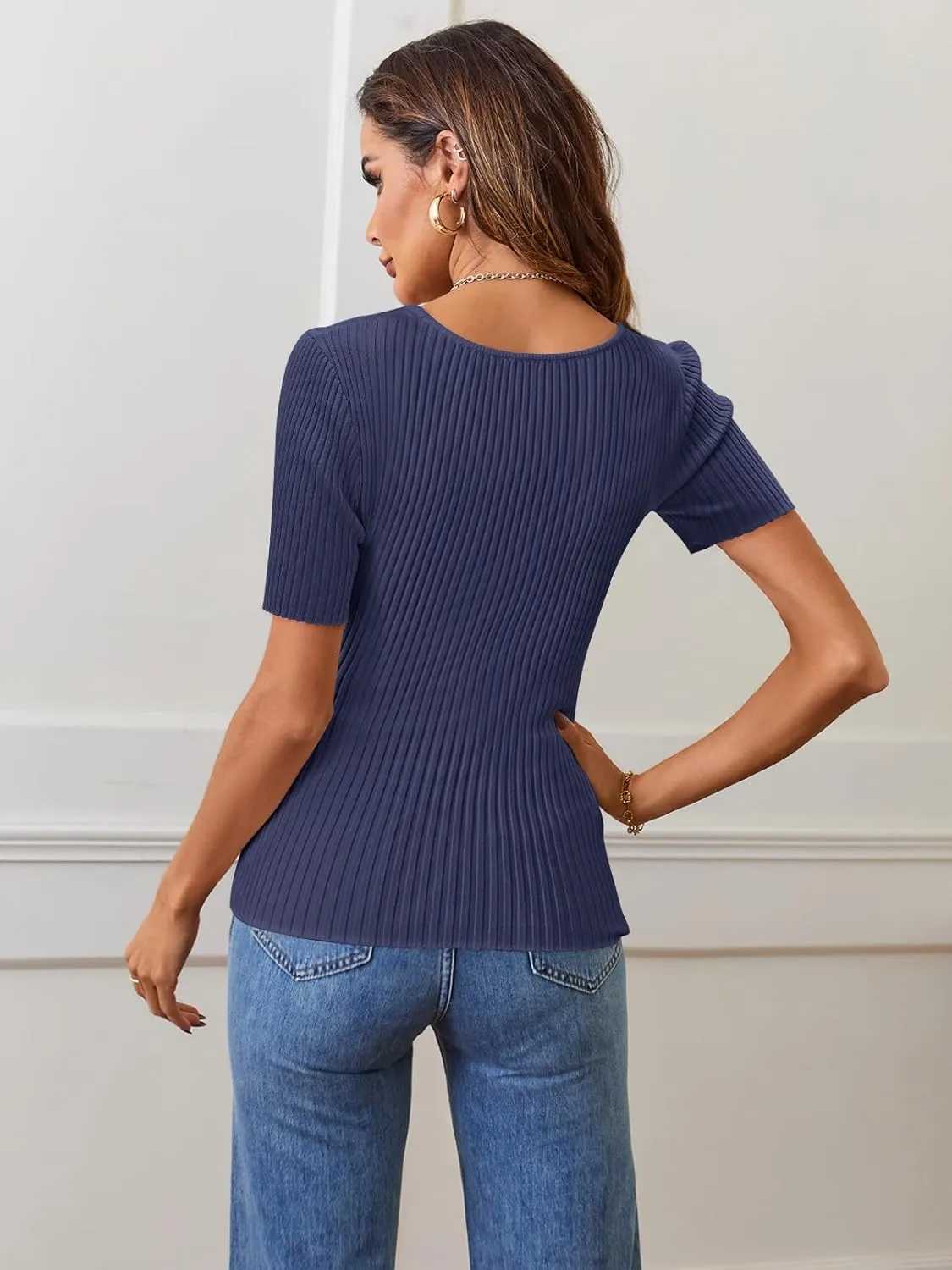 MEROKEETY Women's Summer Casual Short Sleeve T Shirts 2025 Basic Square Neck Ribbed Knit Fitted Tee Tops