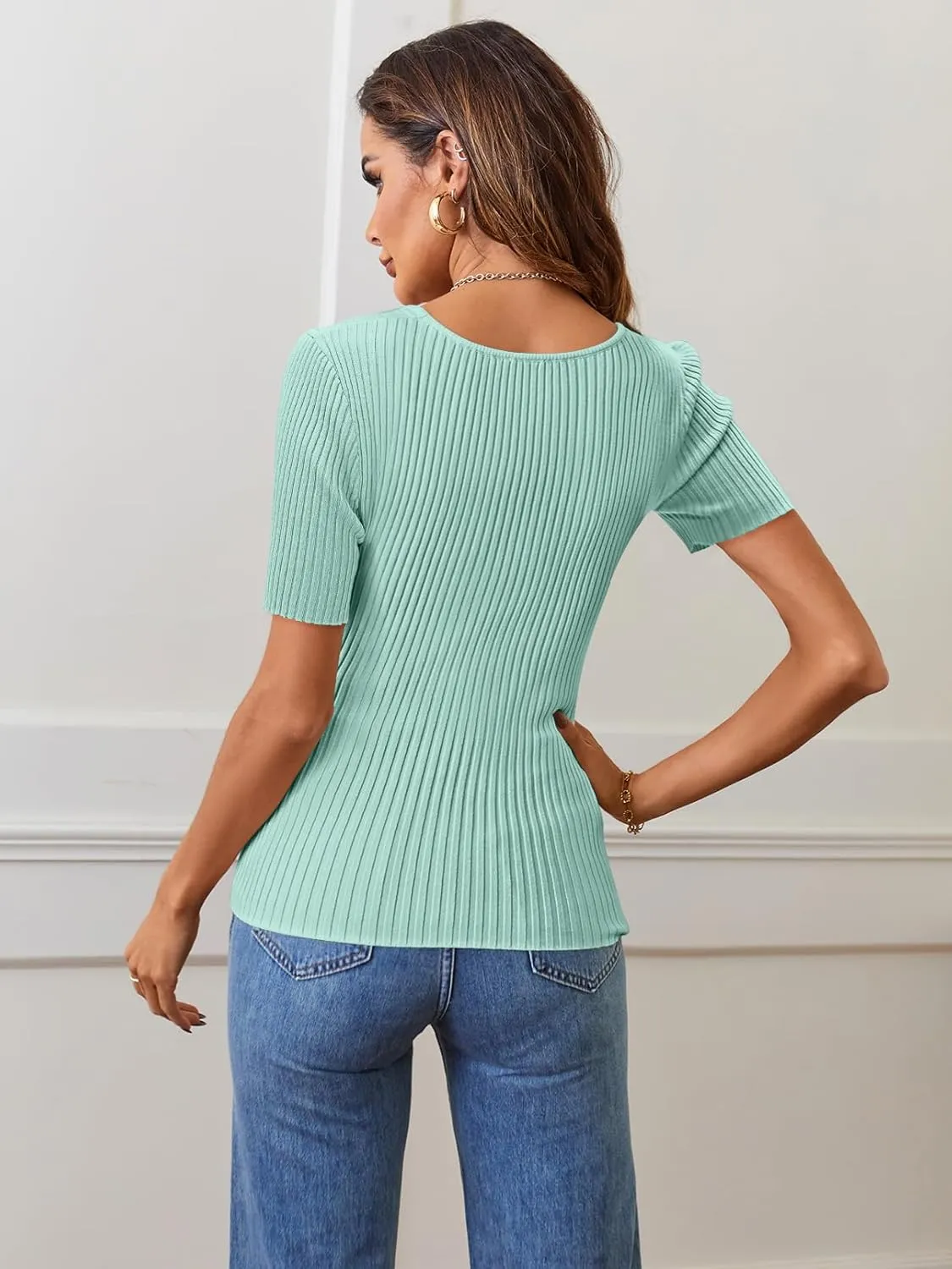MEROKEETY Women's Summer Casual Short Sleeve T Shirts 2025 Basic Square Neck Ribbed Knit Fitted Tee Tops