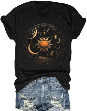 MZEAZRK Women Mystic Moon and Sun Flower Shirt Boho Wildflower Celestial Moon Graphic T Shirts Short Sleeve Tops