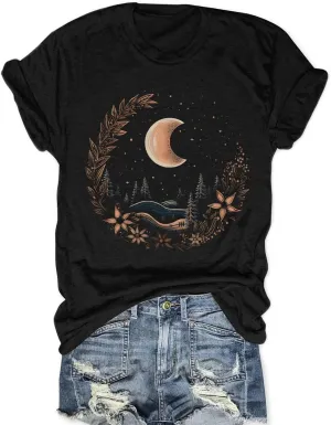 MZEAZRK Women Mystic Moon and Sun Flower Shirt Boho Wildflower Celestial Moon Graphic T Shirts Short Sleeve Tops