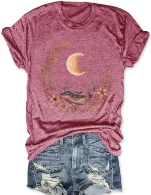 MZEAZRK Women Mystic Moon and Sun Flower Shirt Boho Wildflower Celestial Moon Graphic T Shirts Short Sleeve Tops