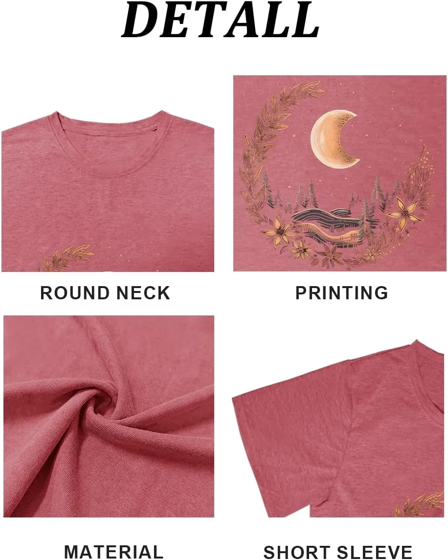 MZEAZRK Women Mystic Moon and Sun Flower Shirt Boho Wildflower Celestial Moon Graphic T Shirts Short Sleeve Tops