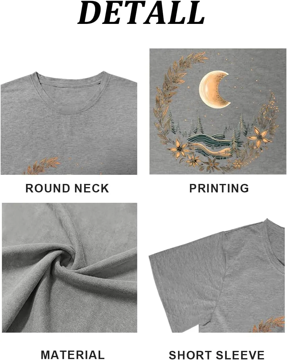 MZEAZRK Women Mystic Moon and Sun Flower Shirt Boho Wildflower Celestial Moon Graphic T Shirts Short Sleeve Tops
