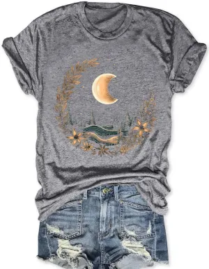 MZEAZRK Women Mystic Moon and Sun Flower Shirt Boho Wildflower Celestial Moon Graphic T Shirts Short Sleeve Tops