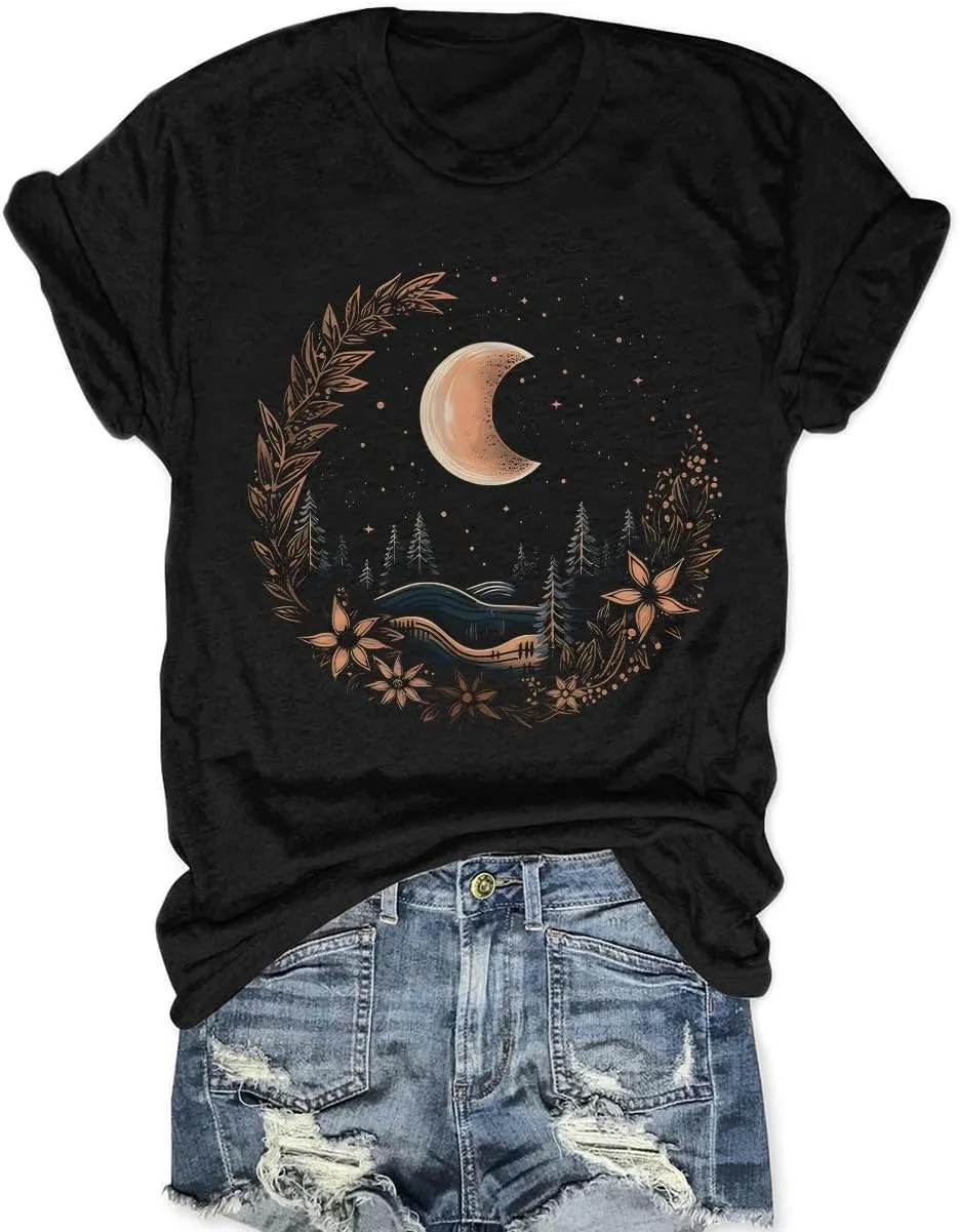 MZEAZRK Women Mystic Moon and Sun Flower Shirt Boho Wildflower Celestial Moon Graphic T Shirts Short Sleeve Tops