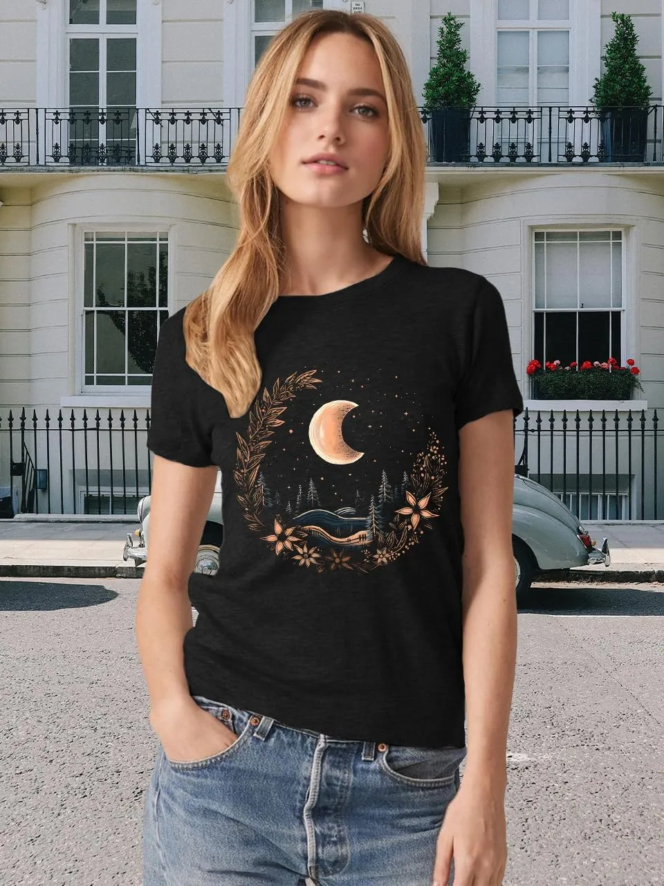 MZEAZRK Women Mystic Moon and Sun Flower Shirt Boho Wildflower Celestial Moon Graphic T Shirts Short Sleeve Tops