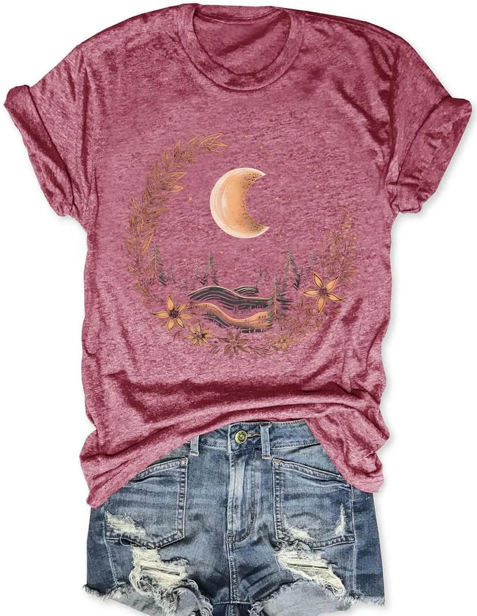 MZEAZRK Women Mystic Moon and Sun Flower Shirt Boho Wildflower Celestial Moon Graphic T Shirts Short Sleeve Tops