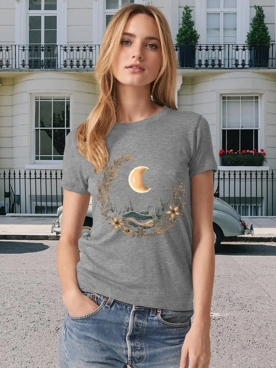 MZEAZRK Women Mystic Moon and Sun Flower Shirt Boho Wildflower Celestial Moon Graphic T Shirts Short Sleeve Tops