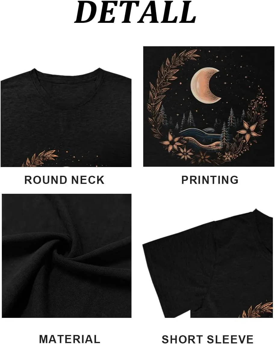 MZEAZRK Women Mystic Moon and Sun Flower Shirt Boho Wildflower Celestial Moon Graphic T Shirts Short Sleeve Tops