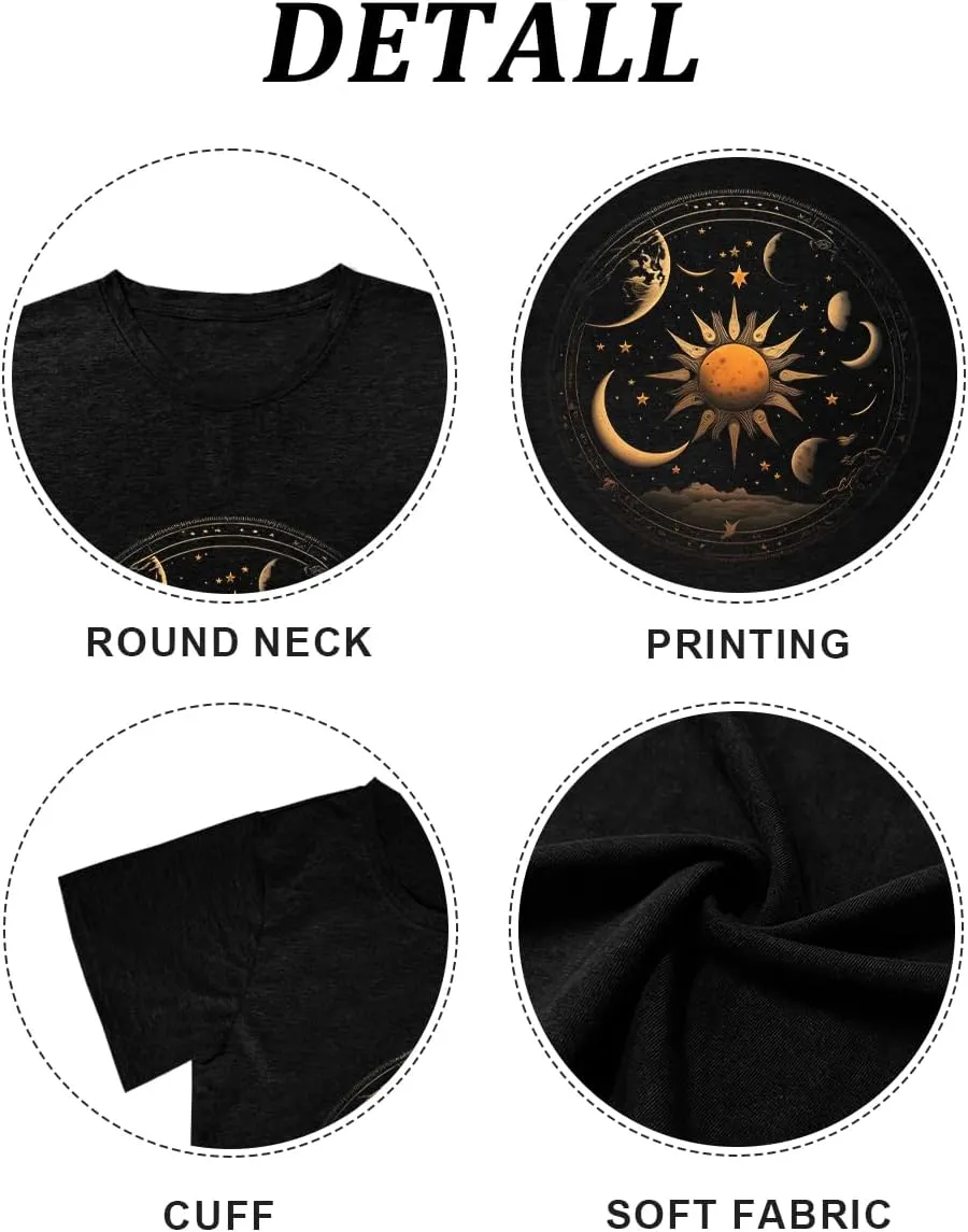 MZEAZRK Women Mystic Moon and Sun Flower Shirt Boho Wildflower Celestial Moon Graphic T Shirts Short Sleeve Tops
