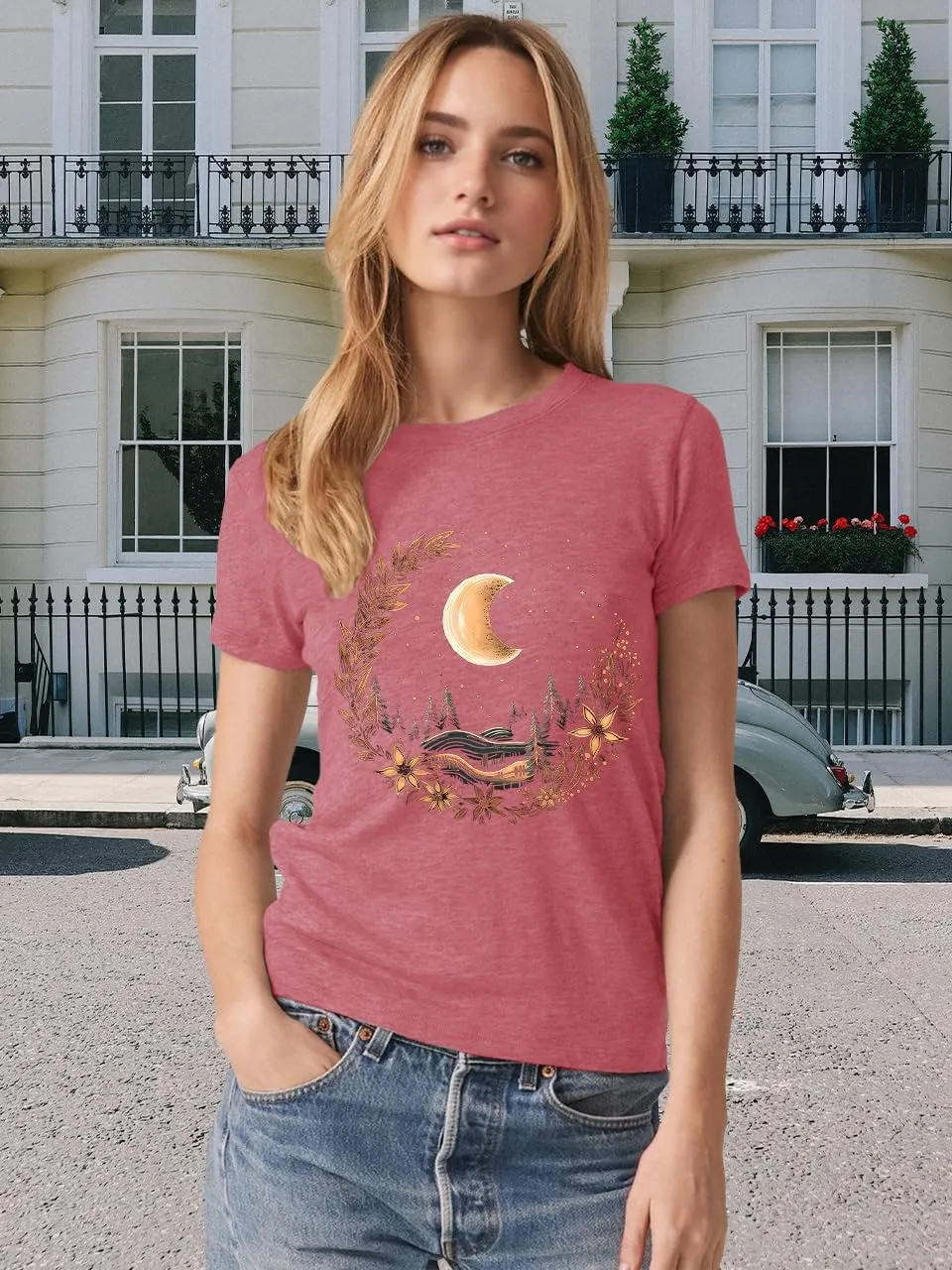MZEAZRK Women Mystic Moon and Sun Flower Shirt Boho Wildflower Celestial Moon Graphic T Shirts Short Sleeve Tops
