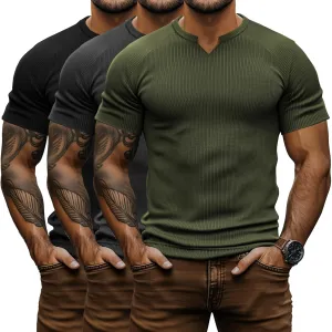 Neer 3 Pack Men's Big and Tall T Shirts Henley V Neck Short Sleeves Ribbed Slim Fit Muscle Gym Tops 2025 Summer Basic Tee