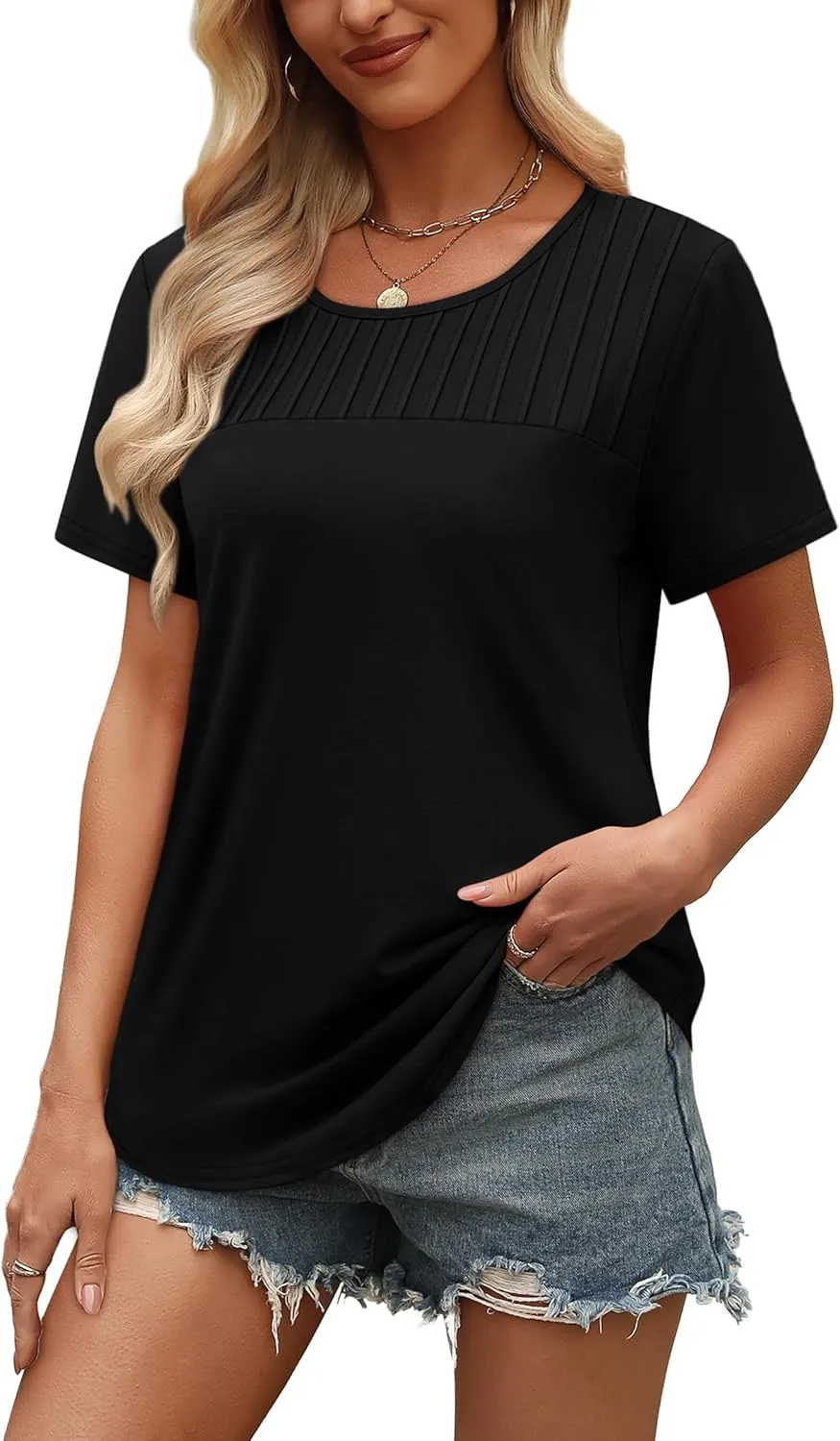 OFEEFAN Women's Clothing Trendy Short Sleeve Summer Tops Dressy Casual Crewneck T Shirts Plus Size Spring Clothes Loose Fit