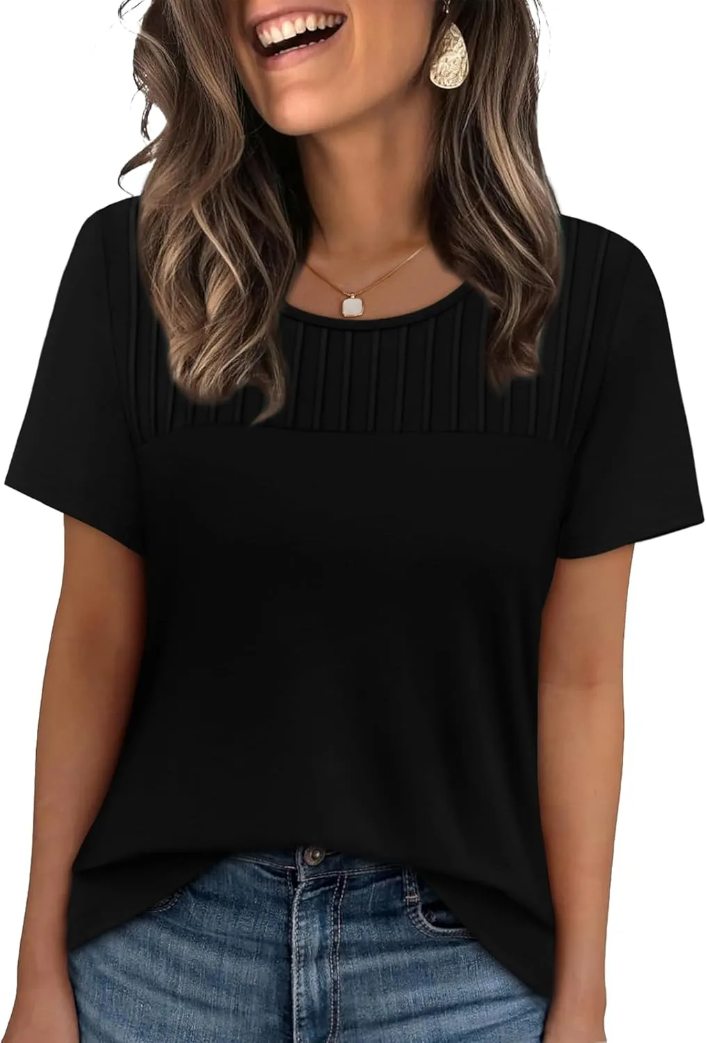 OFEEFAN Women's Clothing Trendy Short Sleeve Summer Tops Dressy Casual Crewneck T Shirts Plus Size Spring Clothes Loose Fit
