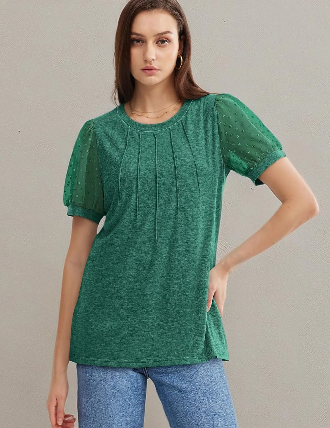 OFEEFAN Womens Summer Tops Pleated Swiss Dot Puff Sleeve Crew Neck T Shirts Loose Casual S-3XL