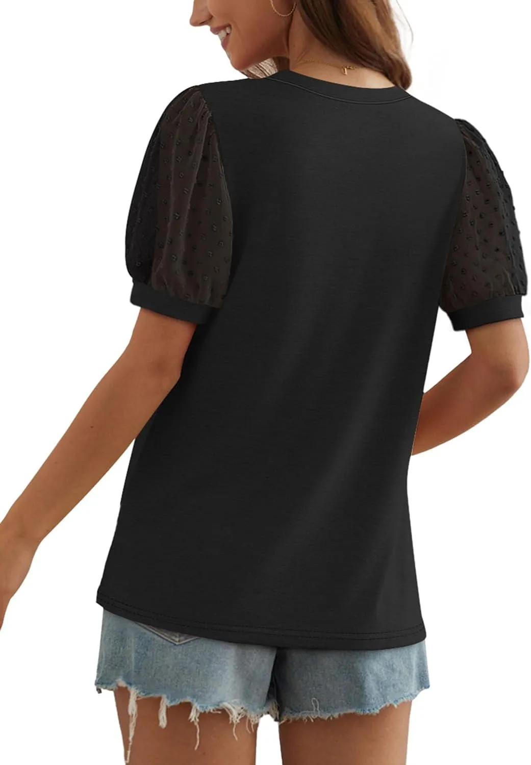 OFEEFAN Womens Summer Tops Pleated Swiss Dot Puff Sleeve Crew Neck T Shirts Loose Casual S-3XL