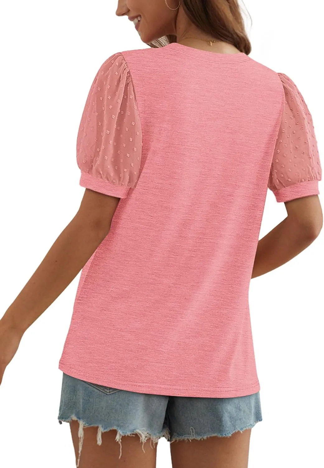 OFEEFAN Womens Summer Tops Pleated Swiss Dot Puff Sleeve Crew Neck T Shirts Loose Casual S-3XL