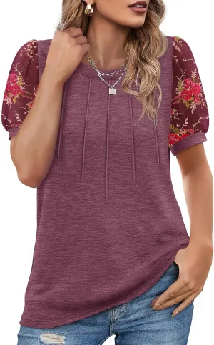 OFEEFAN Womens Summer Tops Pleated Swiss Dot Puff Sleeve Crew Neck T Shirts Loose Casual S-3XL