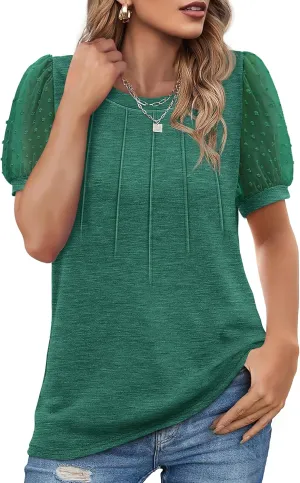 OFEEFAN Womens Summer Tops Pleated Swiss Dot Puff Sleeve Crew Neck T Shirts Loose Casual S-3XL