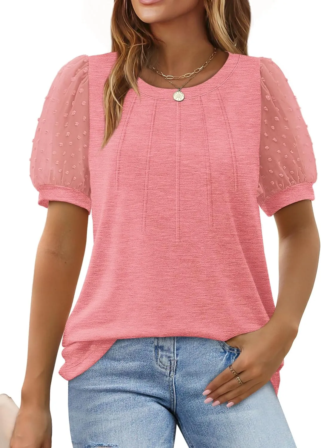OFEEFAN Womens Summer Tops Pleated Swiss Dot Puff Sleeve Crew Neck T Shirts Loose Casual S-3XL