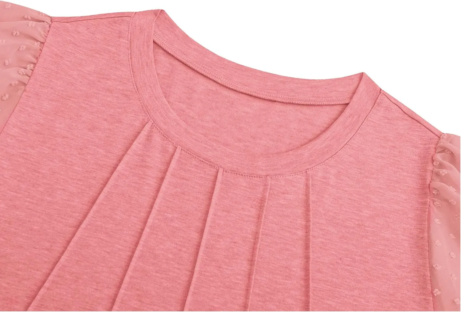 OFEEFAN Womens Summer Tops Pleated Swiss Dot Puff Sleeve Crew Neck T Shirts Loose Casual S-3XL