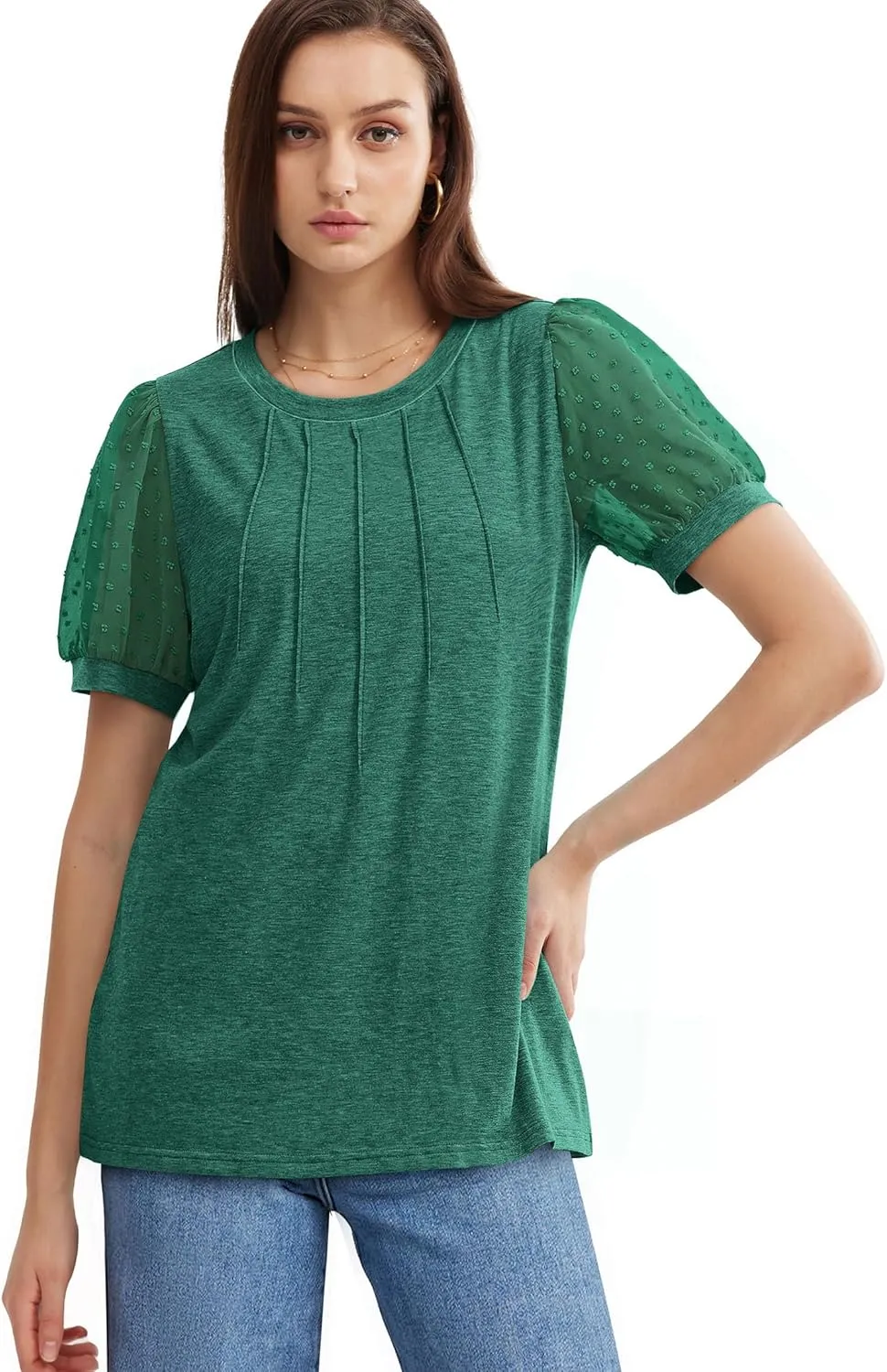 OFEEFAN Womens Summer Tops Pleated Swiss Dot Puff Sleeve Crew Neck T Shirts Loose Casual S-3XL