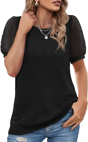 OFEEFAN Womens Summer Tops Pleated Swiss Dot Puff Sleeve Crew Neck T Shirts Loose Casual S-3XL