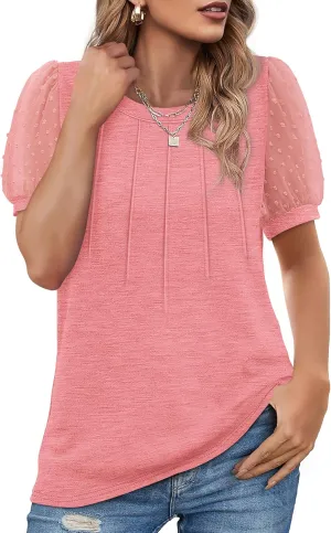 OFEEFAN Womens Summer Tops Pleated Swiss Dot Puff Sleeve Crew Neck T Shirts Loose Casual S-3XL