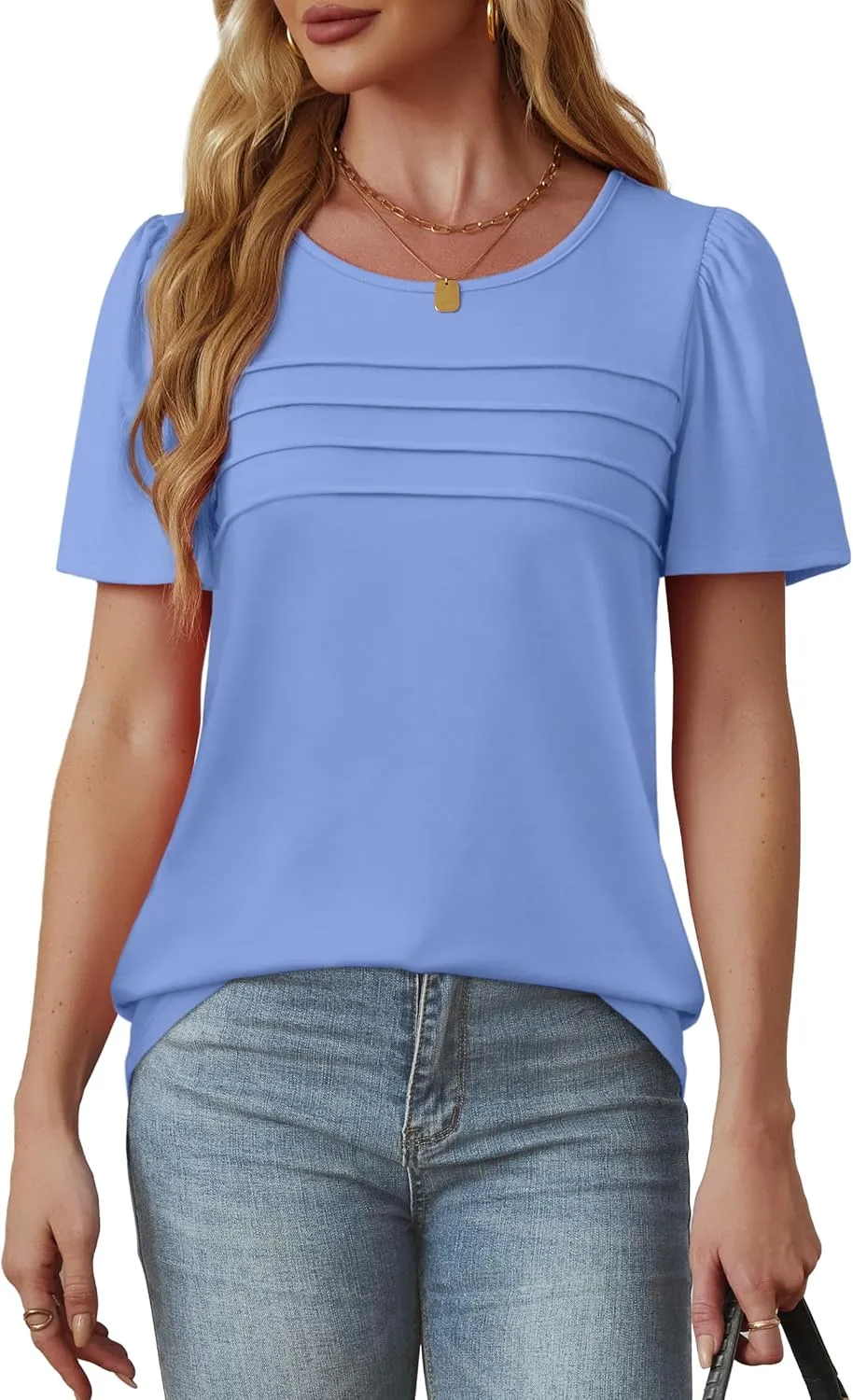 OFEEFAN Womens T Shirts Short Sleeve Tops Dressy Casual Blouses Spring Summer Outfits Flowy Pleated Front Scooped Neck