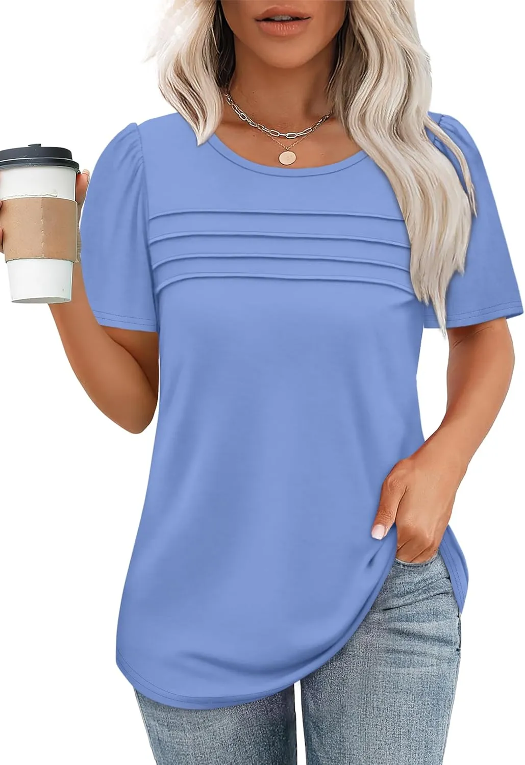 OFEEFAN Womens T Shirts Short Sleeve Tops Dressy Casual Blouses Spring Summer Outfits Flowy Pleated Front Scooped Neck