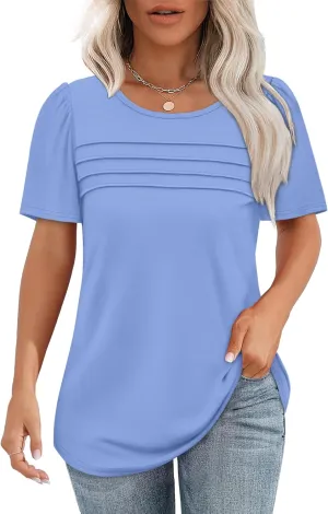 OFEEFAN Womens T Shirts Short Sleeve Tops Dressy Casual Blouses Spring Summer Outfits Flowy Pleated Front Scooped Neck