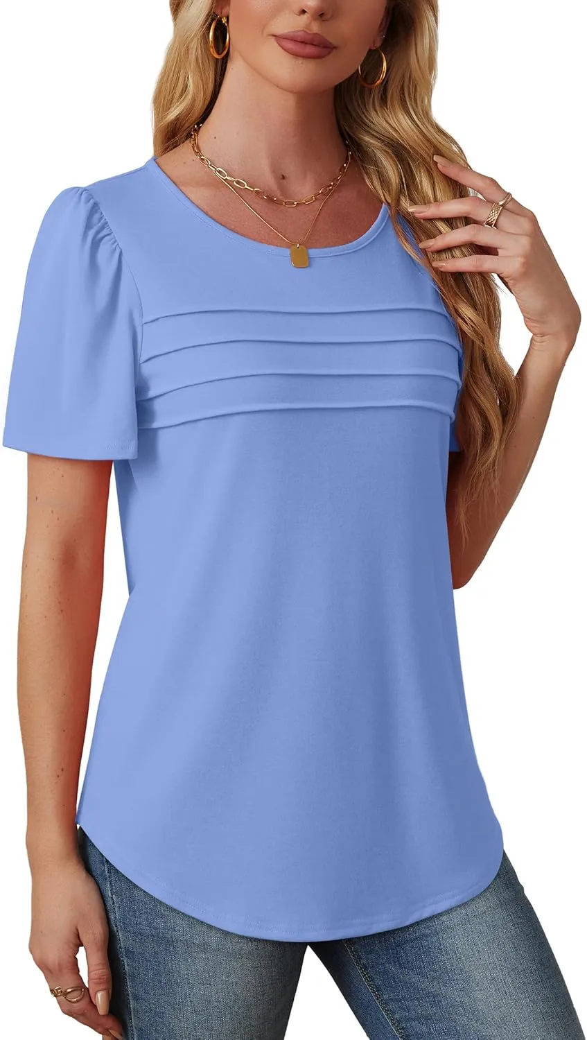 OFEEFAN Womens T Shirts Short Sleeve Tops Dressy Casual Blouses Spring Summer Outfits Flowy Pleated Front Scooped Neck