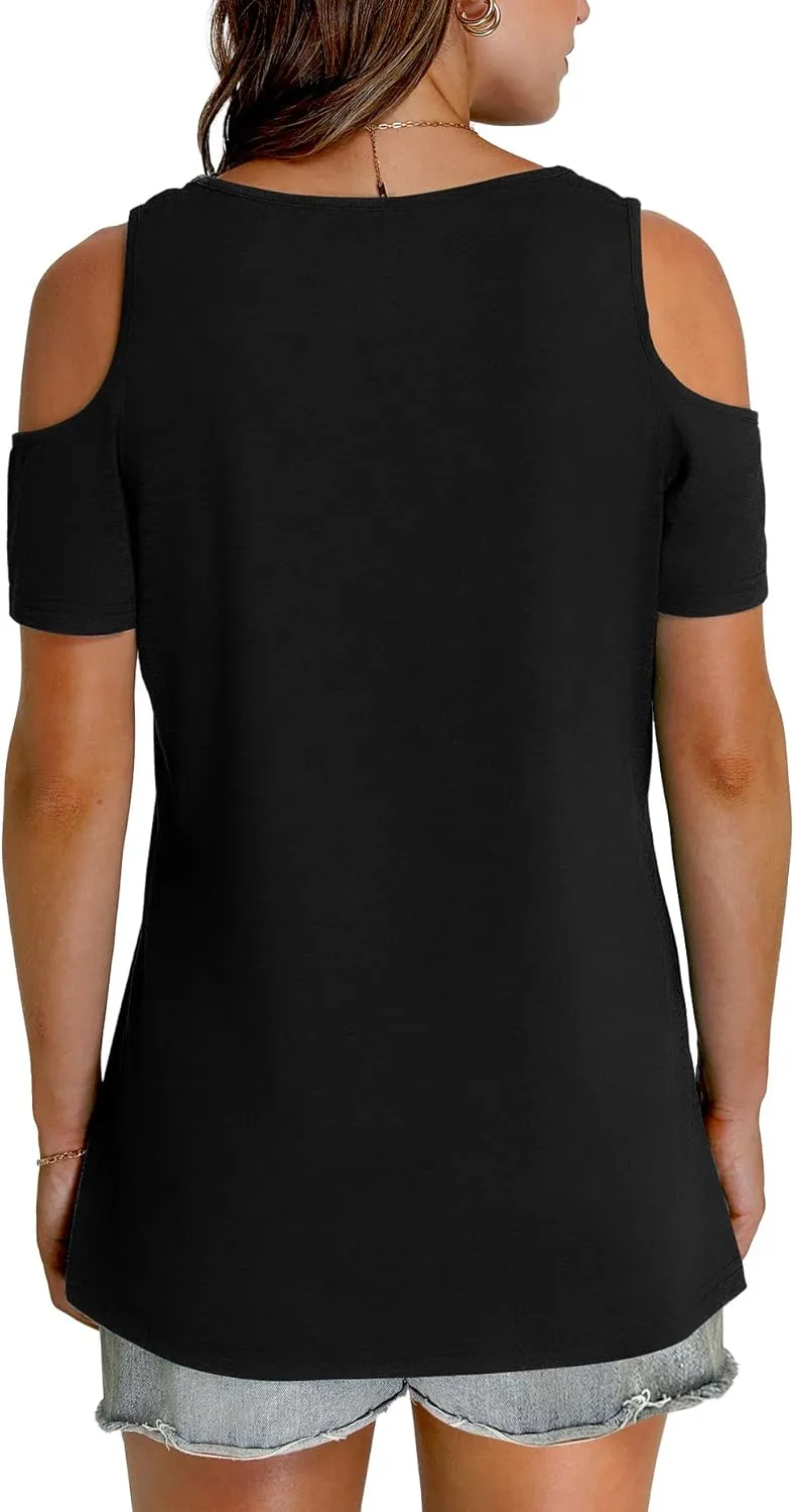 OFEEFAN Womens Tops Cold Shoulder Short Sleeve V Neck Tee Shirts Summer Spring Dressy Casual Plain/Printed