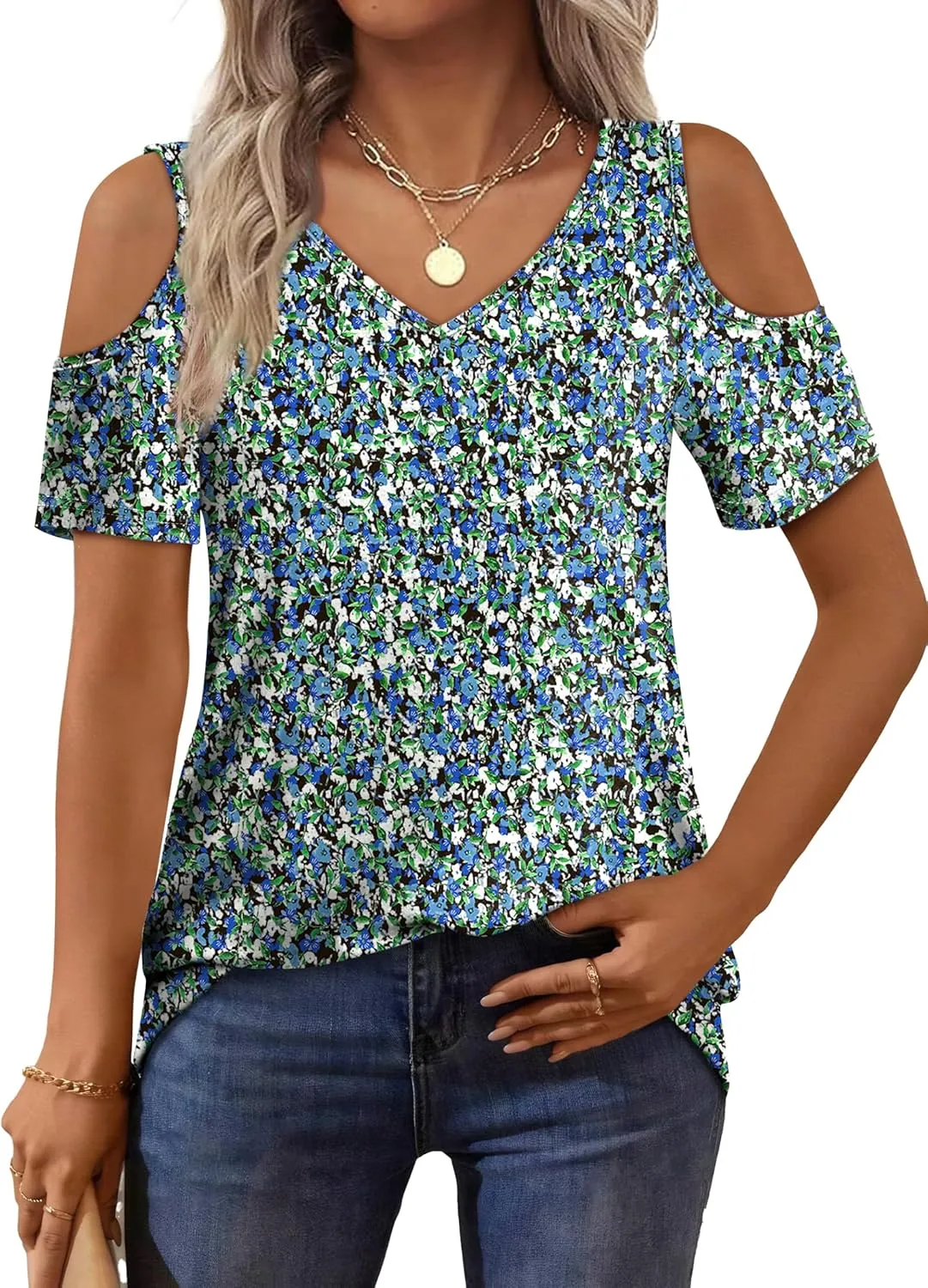OFEEFAN Womens Tops Cold Shoulder Short Sleeve V Neck Tee Shirts Summer Spring Dressy Casual Plain/Printed