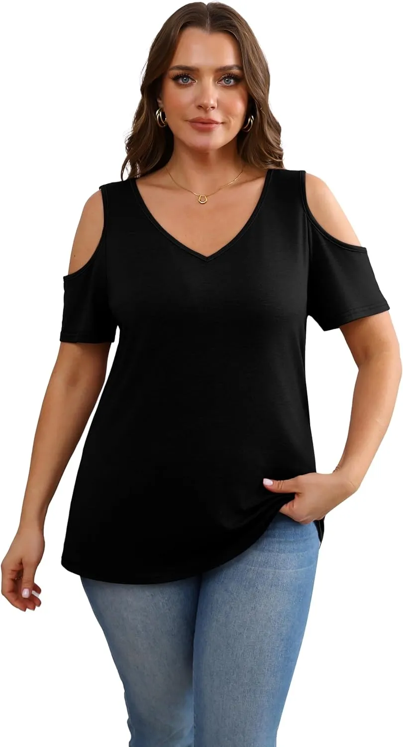 OFEEFAN Womens Tops Cold Shoulder Short Sleeve V Neck Tee Shirts Summer Spring Dressy Casual Plain/Printed