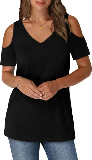 OFEEFAN Womens Tops Cold Shoulder Short Sleeve V Neck Tee Shirts Summer Spring Dressy Casual Plain/Printed