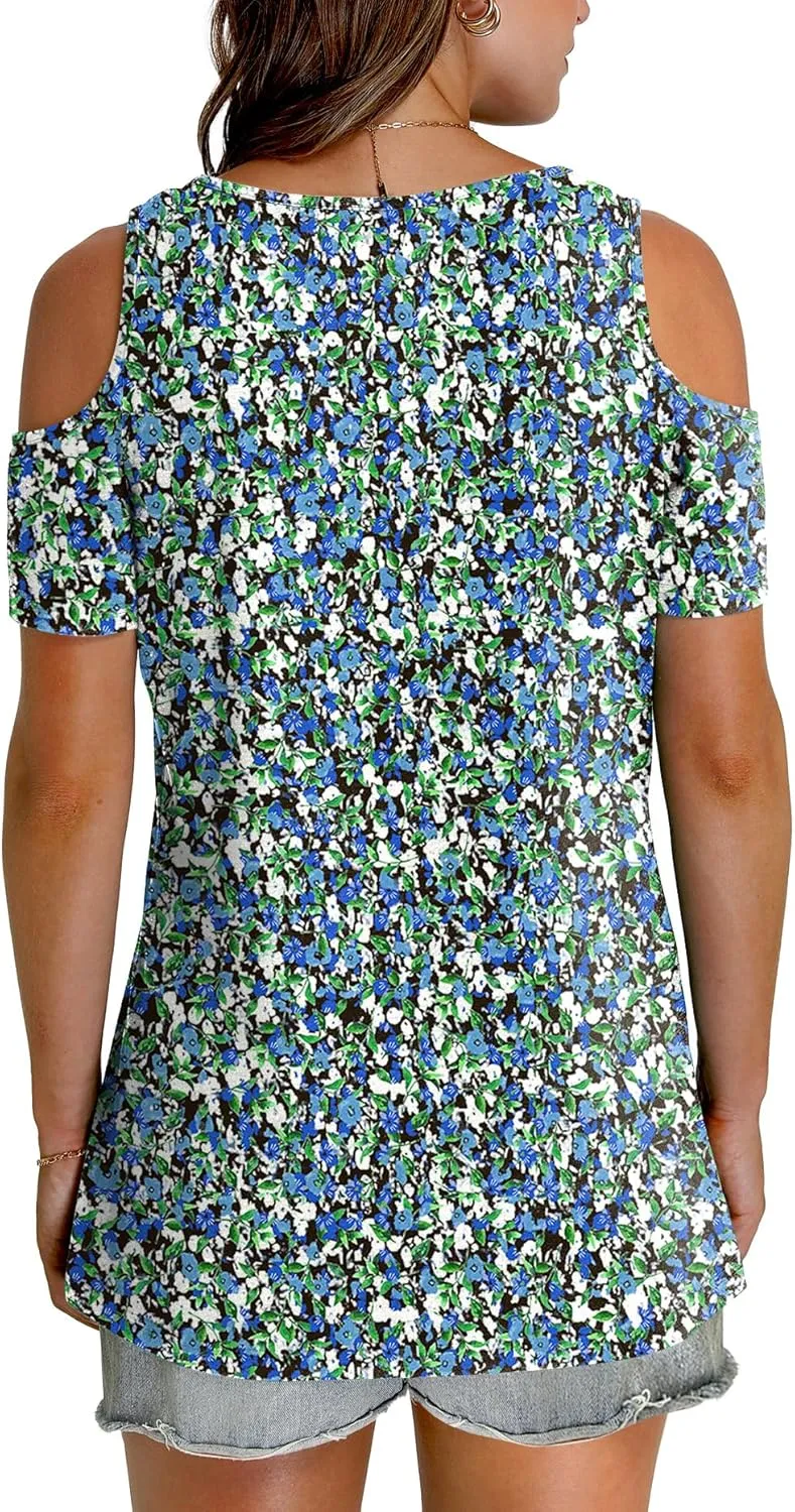 OFEEFAN Womens Tops Cold Shoulder Short Sleeve V Neck Tee Shirts Summer Spring Dressy Casual Plain/Printed