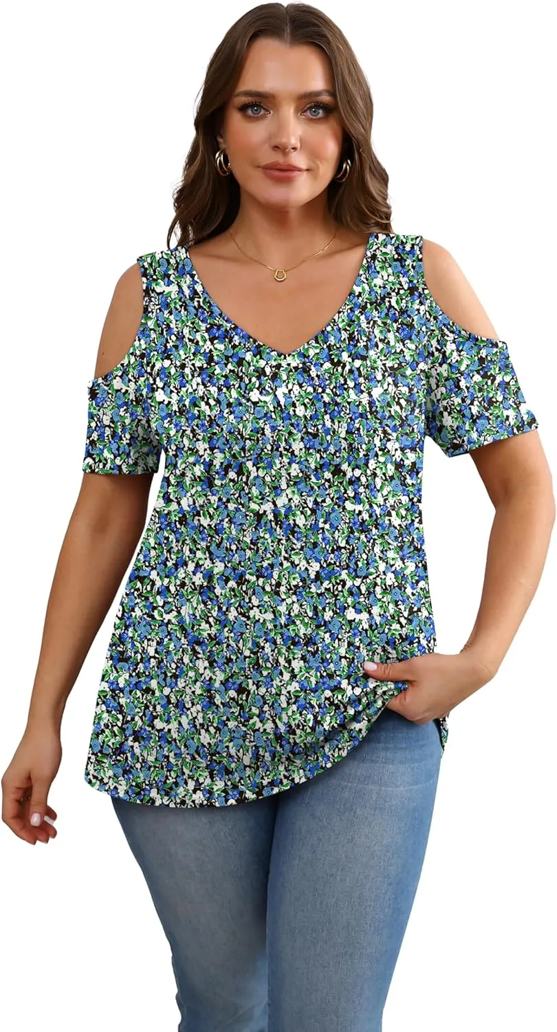 OFEEFAN Womens Tops Cold Shoulder Short Sleeve V Neck Tee Shirts Summer Spring Dressy Casual Plain/Printed