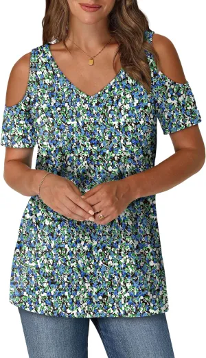 OFEEFAN Womens Tops Cold Shoulder Short Sleeve V Neck Tee Shirts Summer Spring Dressy Casual Plain/Printed
