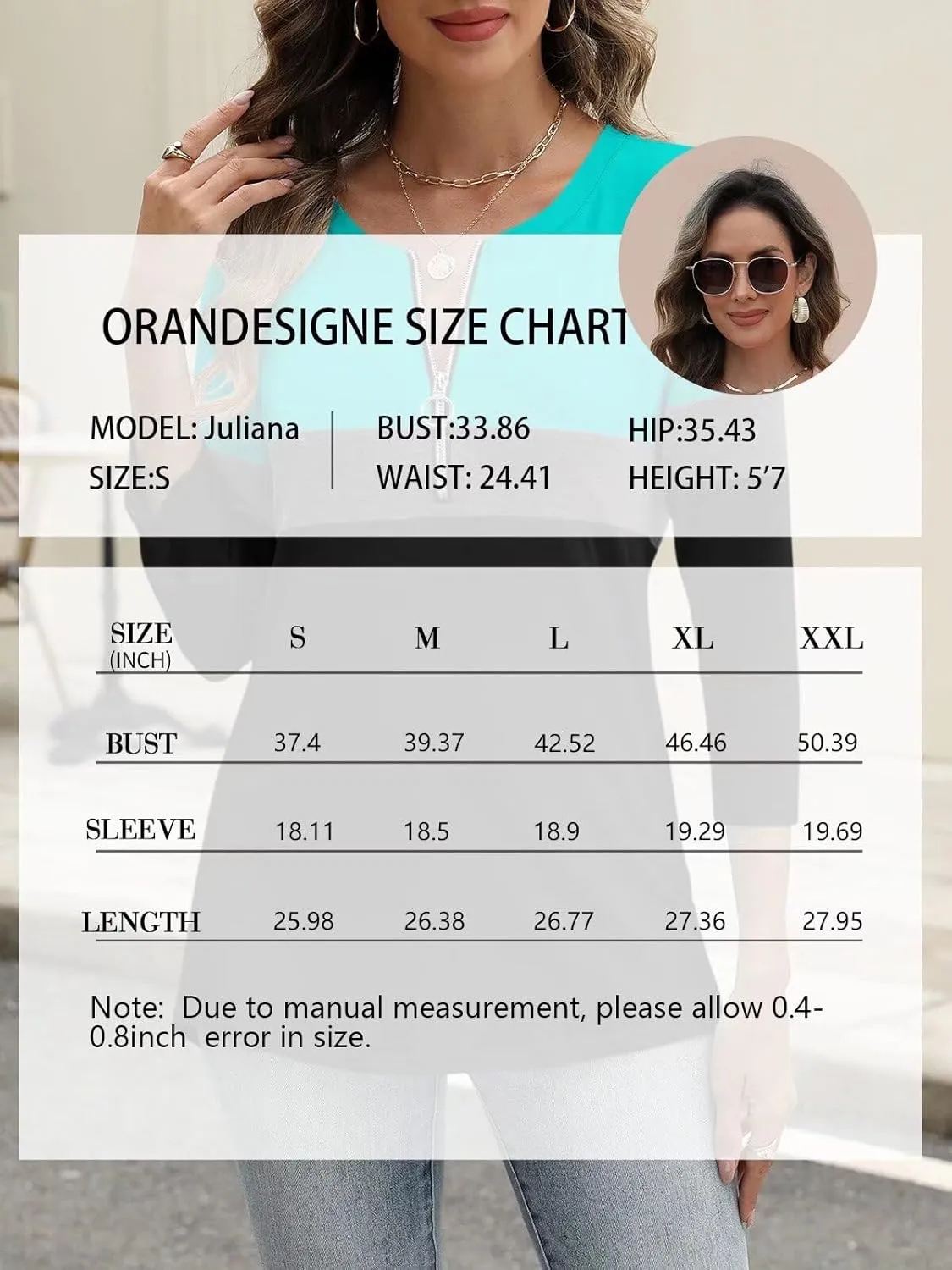 ORANDESIGNE Womens 3/4 Length Sleeve Tops Summer Color Block Zipper T Shirts Casual Ladies Tees