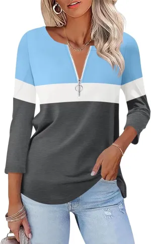 ORANDESIGNE Womens 3/4 Length Sleeve Tops Summer Color Block Zipper T Shirts Casual Ladies Tees