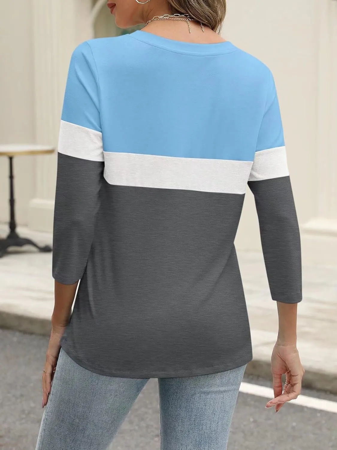 ORANDESIGNE Womens 3/4 Length Sleeve Tops Summer Color Block Zipper T Shirts Casual Ladies Tees