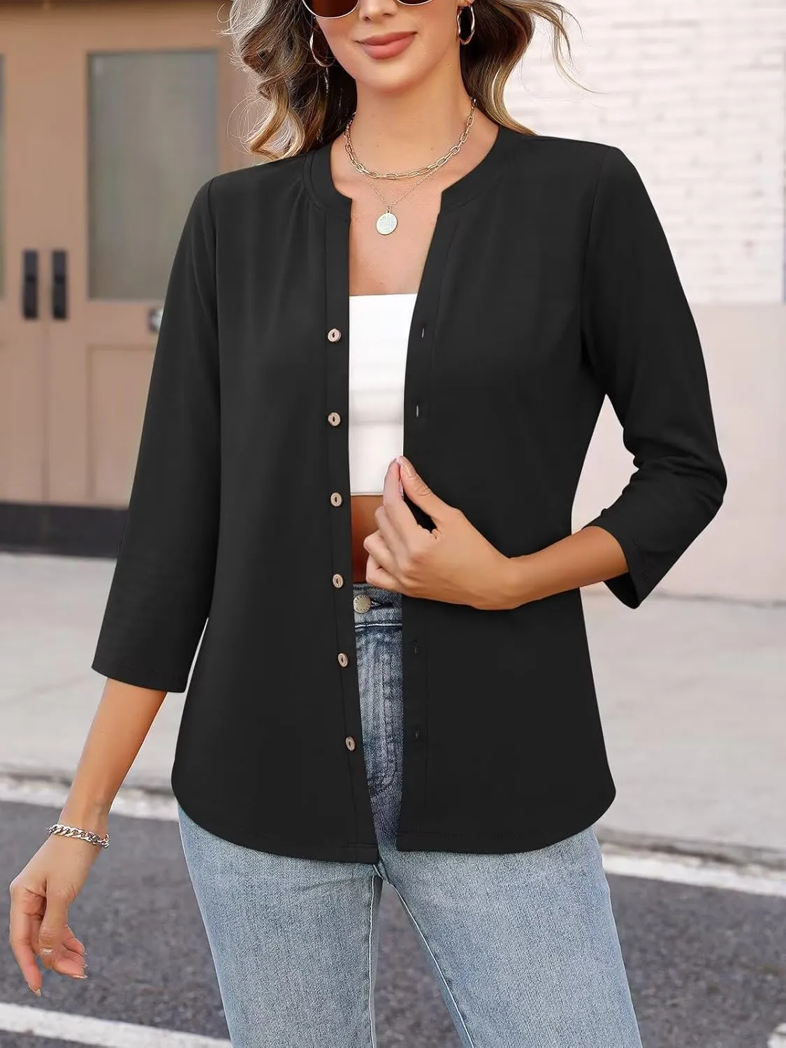 ORANDESIGNE Women's Button Down T Shirts 3/4 Sleeve V Neck Tops Casual Summer Ladies Tees
